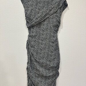 Ann Taylor Elegant Black and White leopard print ruched bodycon silk dress.